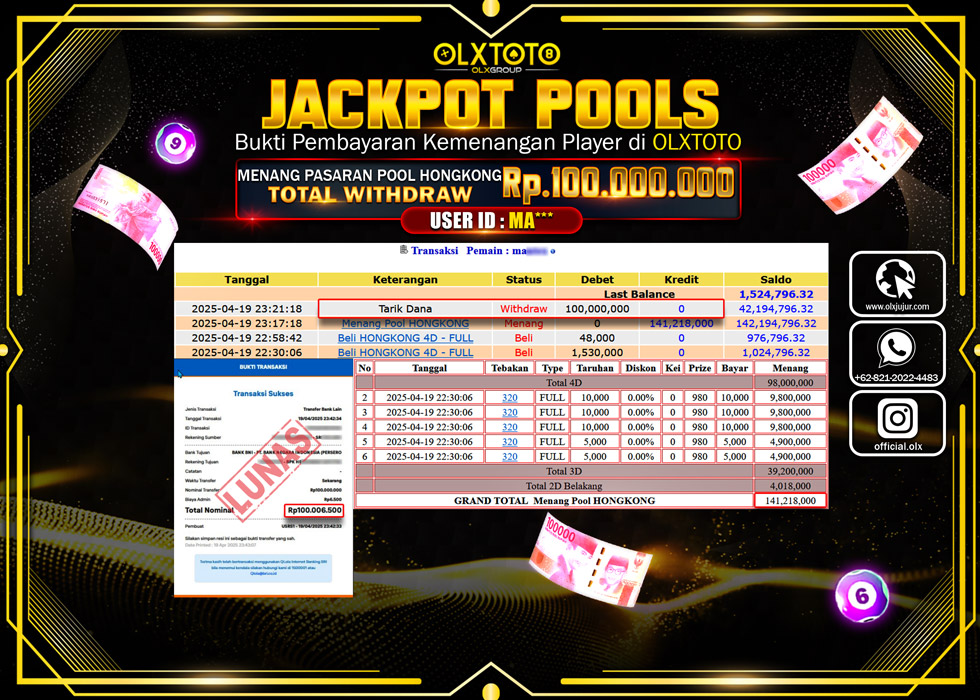 BINTANGSLOT77 JACKPOT TOGEL PASARAN POOL HONGKONG Rp.100.000.000.,- LUNAS