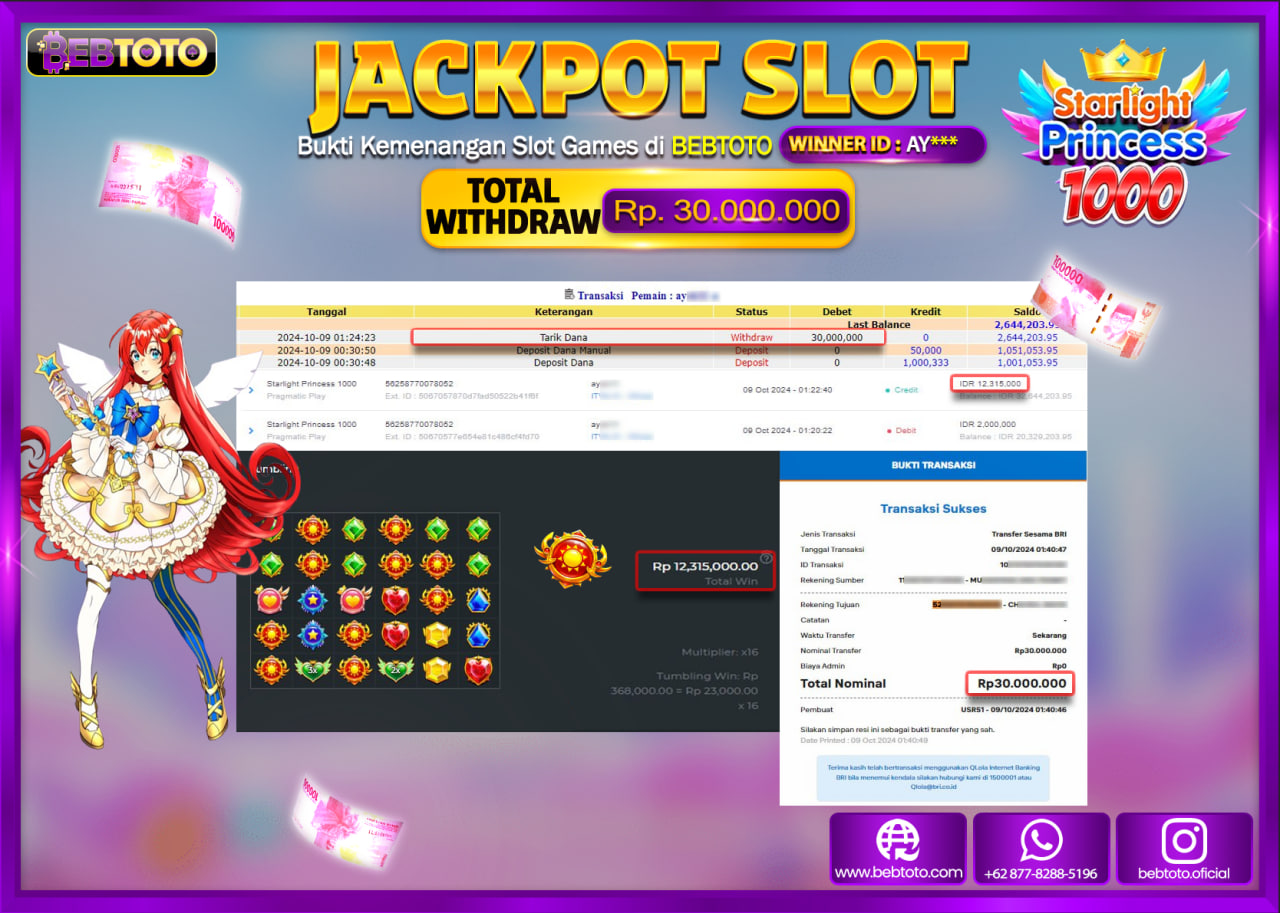 JACKPOT SLOT BEBTOTO STARLIGHT PRINCESS 1000 Rp.30.000.000.,- LUNAS