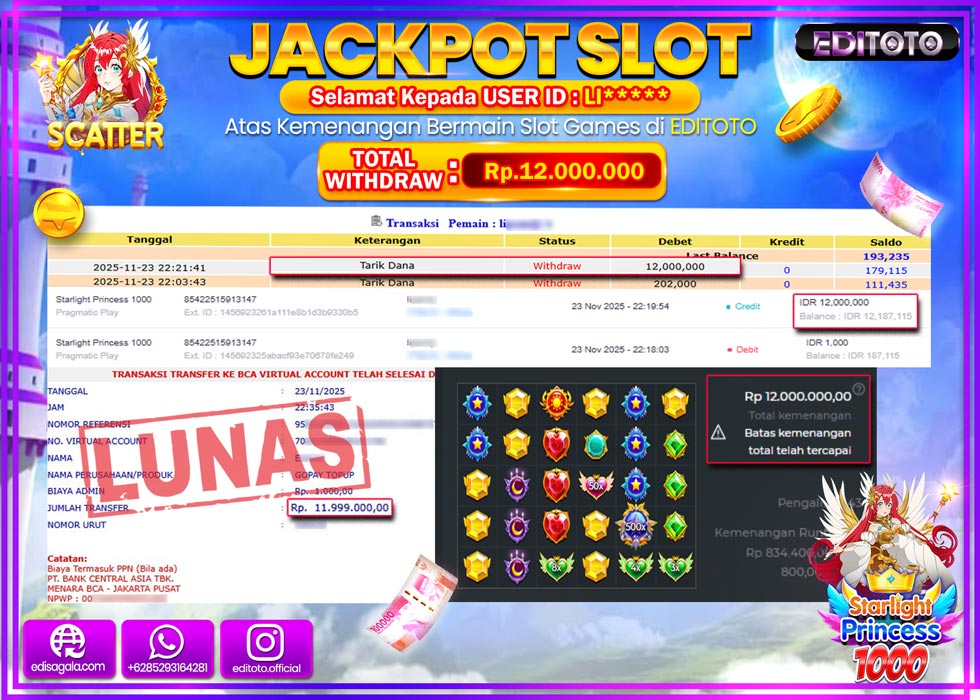 JACKPOT EDITOTO SLOT STARLIGHT PRINCESS 1000  Rp.12.000.000,- LUNAS  