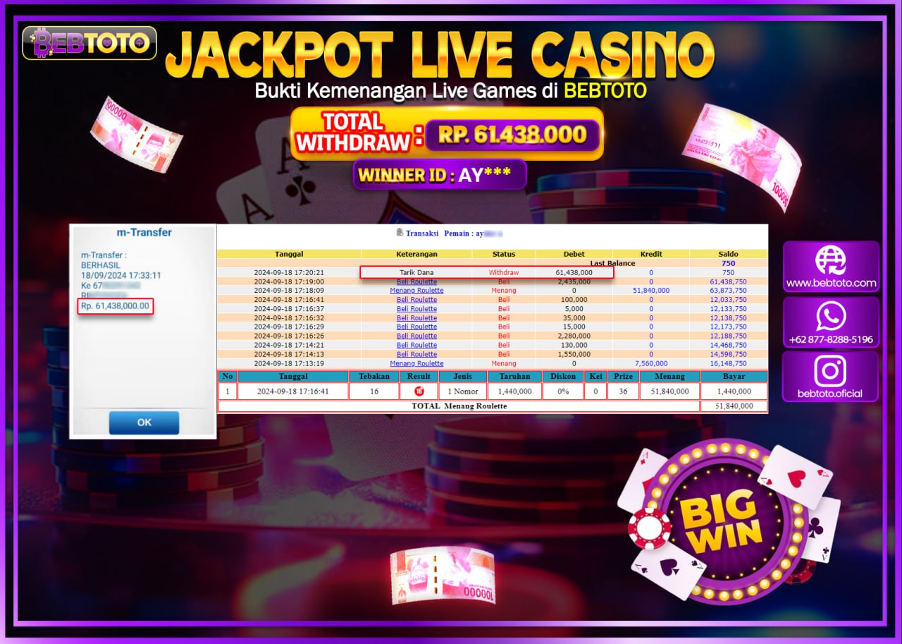 JACKPOT LIVE CASINO BEBTOTO ROULETTE Rp.61.438.000.,- LUNAS