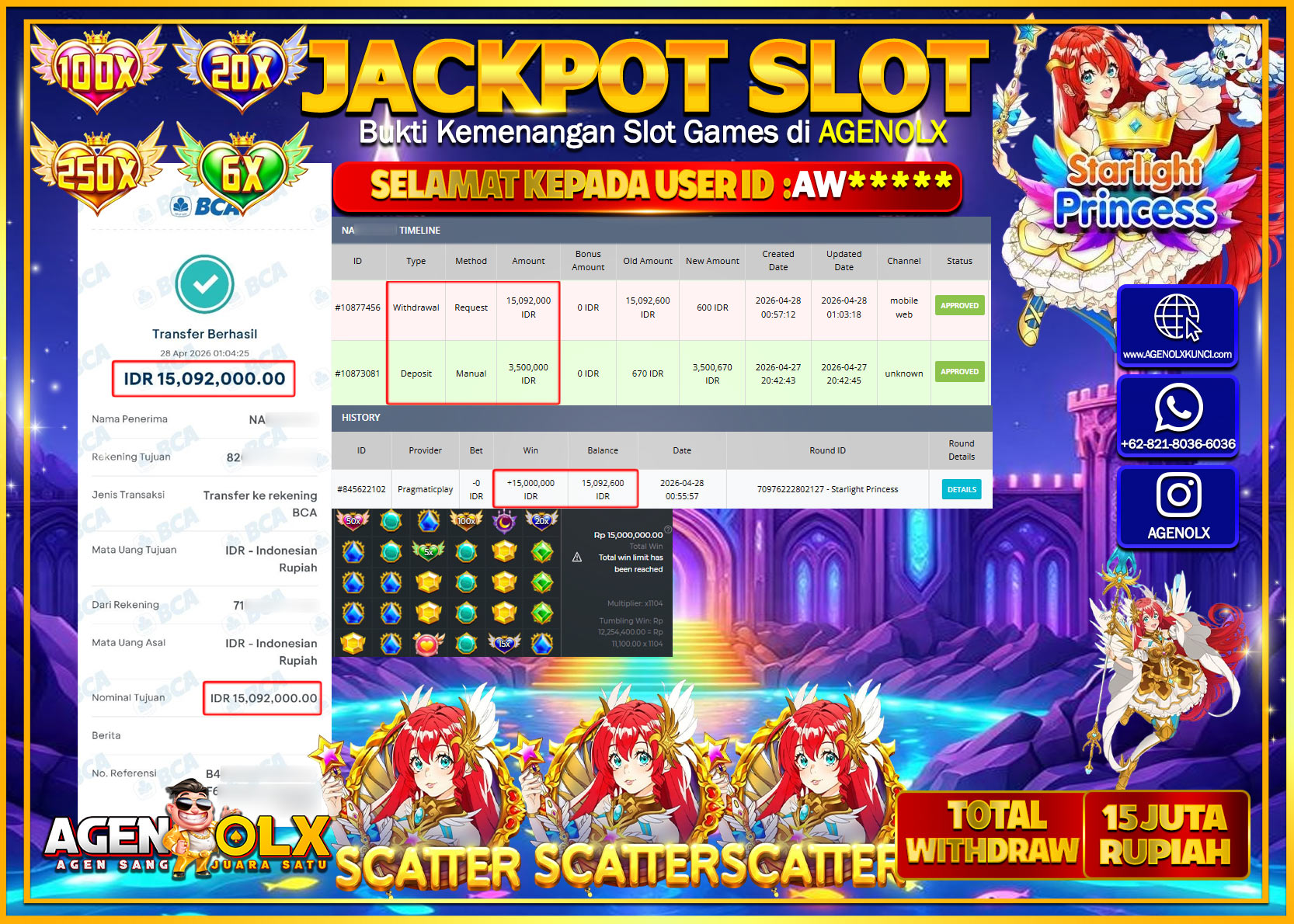 AGENOLX JACKPOT SLOT STARLIGHT PRINCESS  Rp 15.092.000 - LUNAS