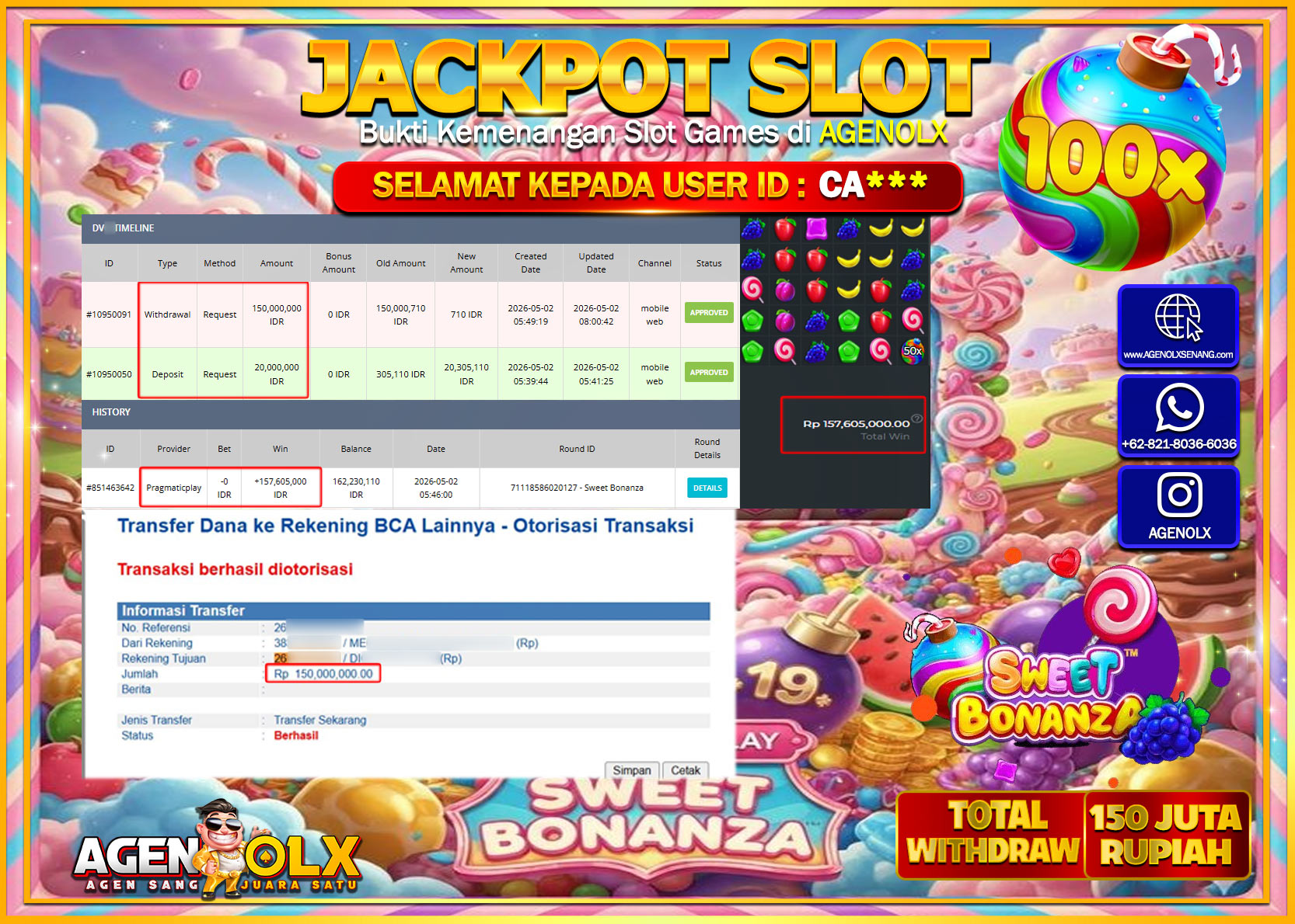AGENOLX JACKPOT SLOT SWEET BONANZA Rp 150.000.000 - LUNAS