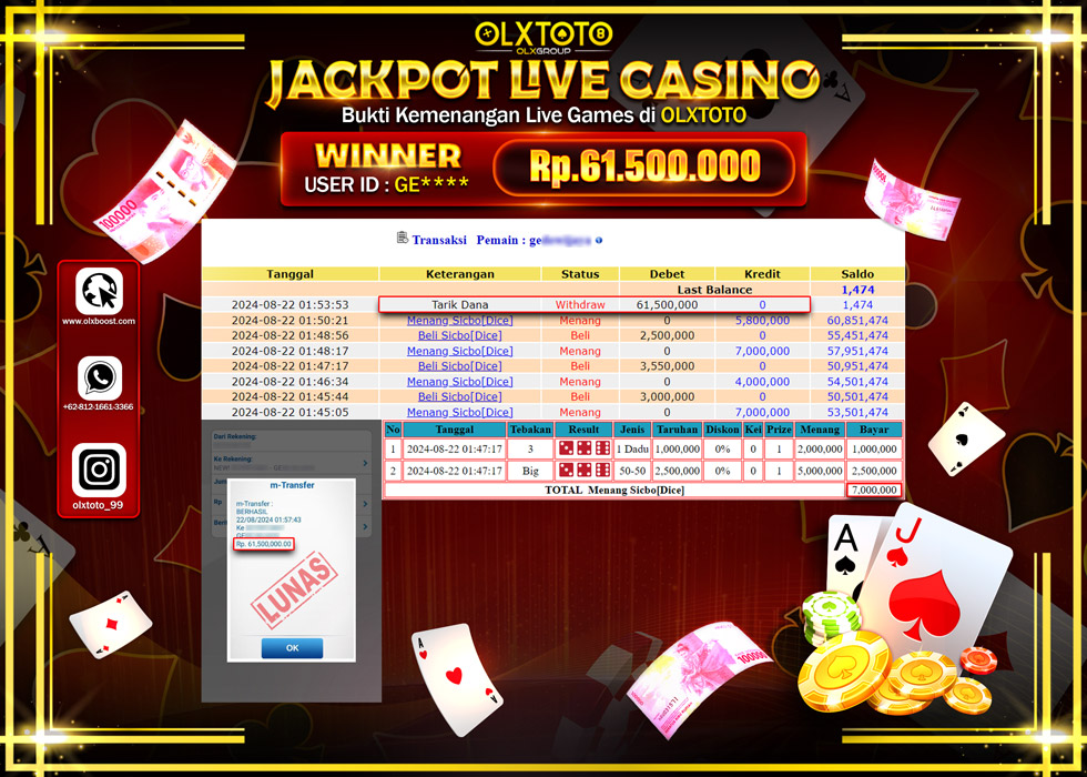 OLXTOTO JACKPOT  LIVE GAMES SICBO [DICE] Rp.61.500.000.,- LUNAS