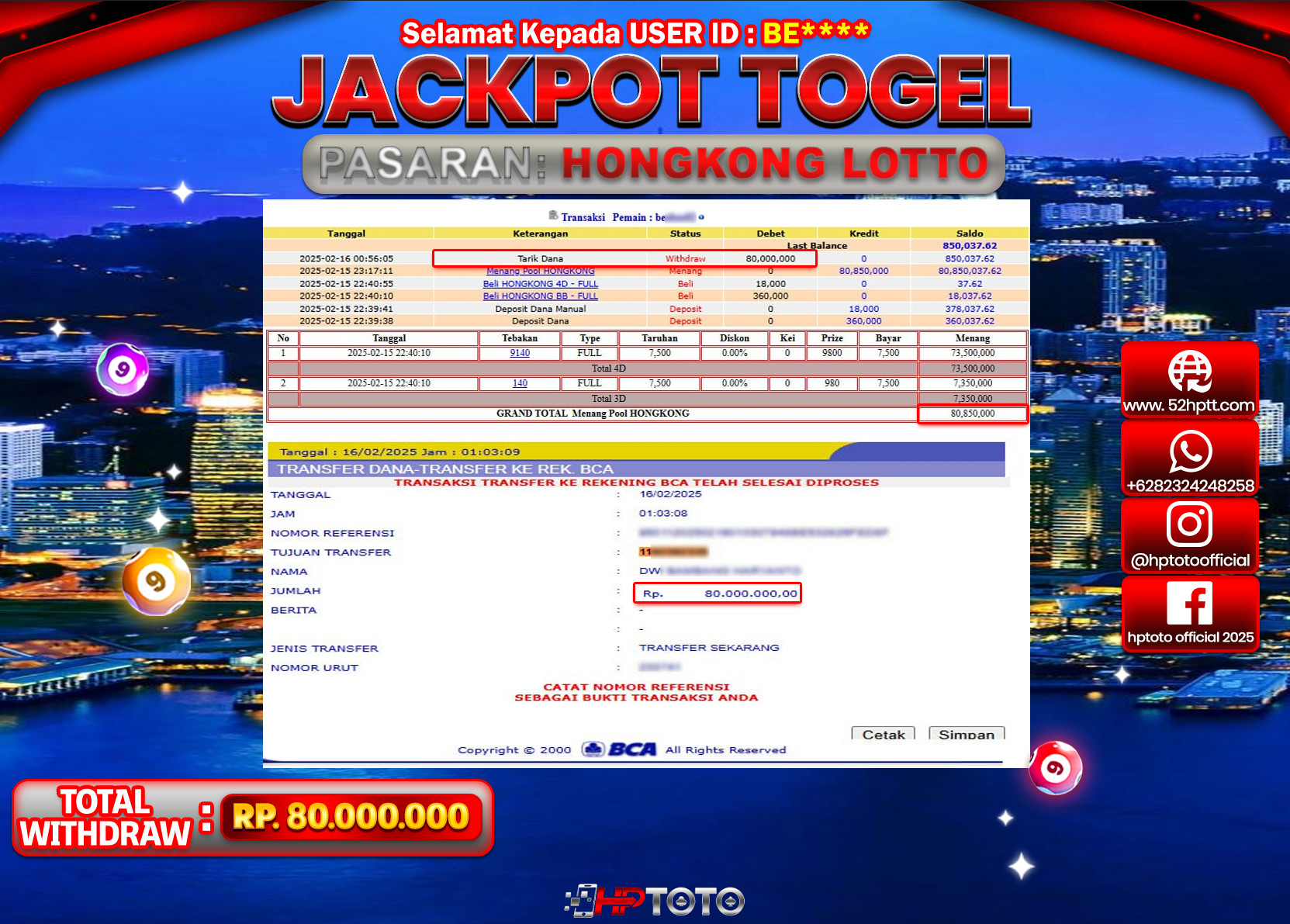 HPTOTO JACKPOT TOGEL PASARAN HONGKONG LOTTO Rp.80.000.000,- LUNAS