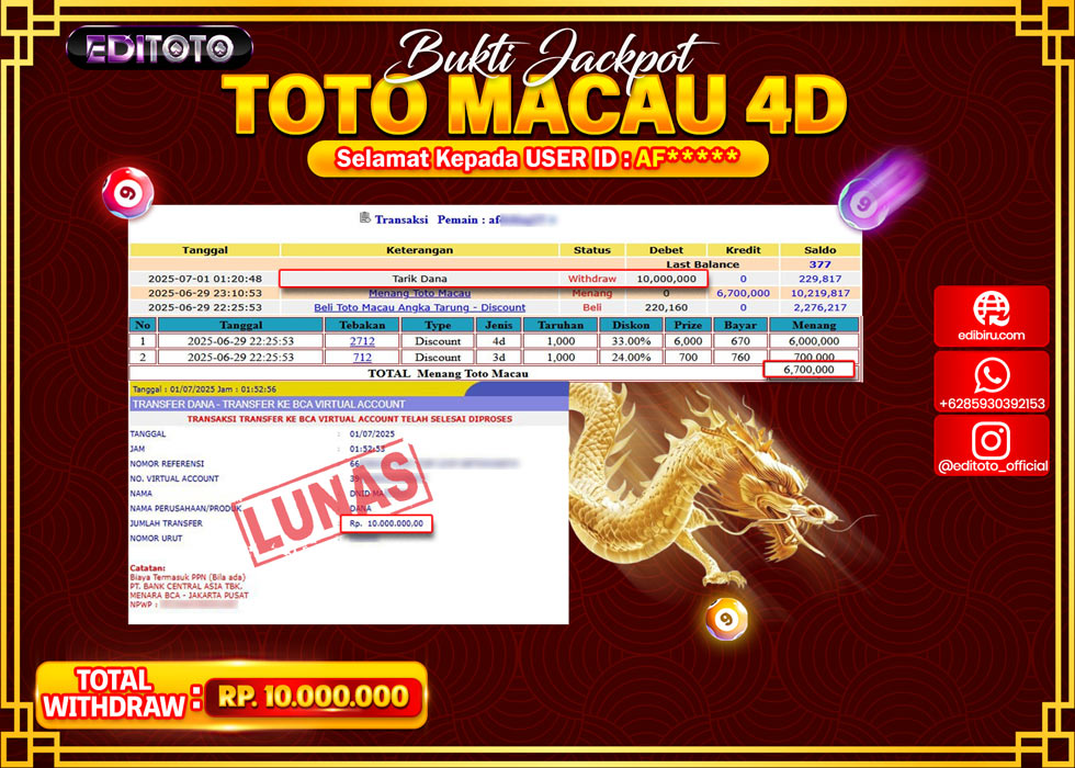 JACKPOT EDITOTO TOGEL PASARAN TOTO MACAU 4D Rp.10.000.000.,- LUNAS