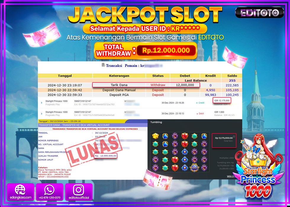 JACKPOT SLOT STARLIGHT PRINCESS 1000 Rp.12.000.000.,- LUNAS