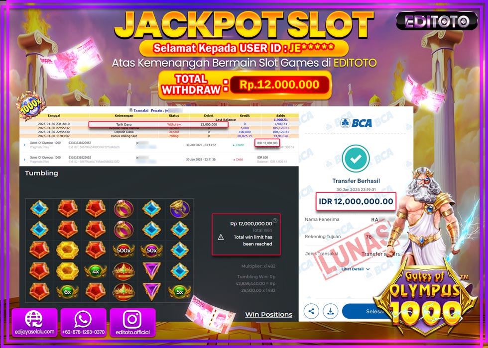 JACKPOT SLOT GATES OF OLYMPUS 1000  Rp.12.000.000.,- LUNAS