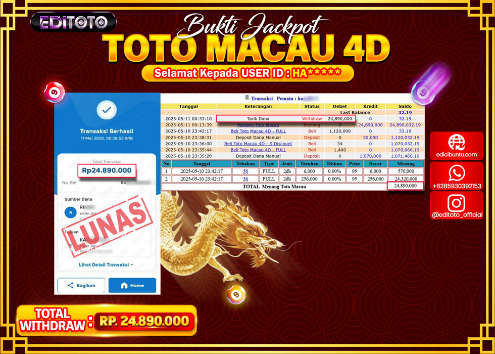 JACKPOT EDITOTO TOGEL PASARAN MACAU 4D Rp.24.890.000.,- LUNAS