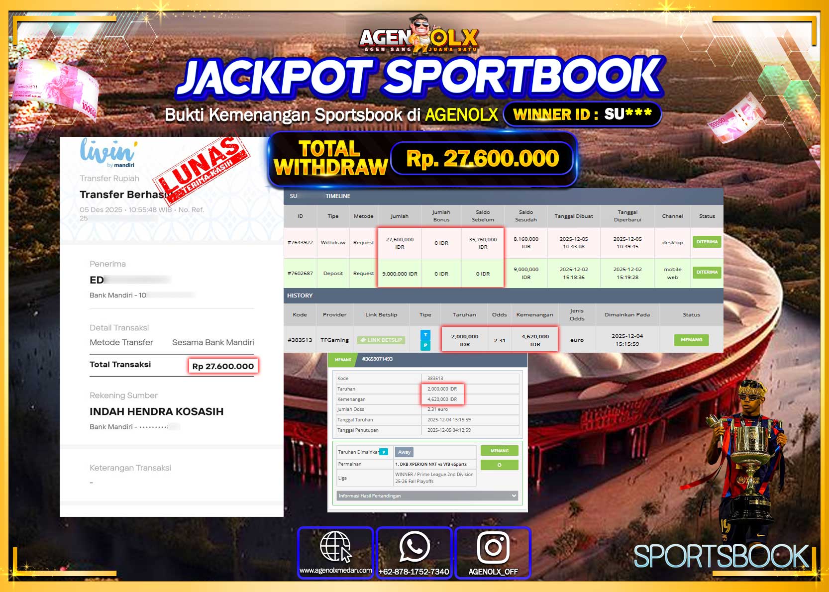 AGENOLX JACKPOT SPORTBOOK Rp 27,600,000,- LUNAS