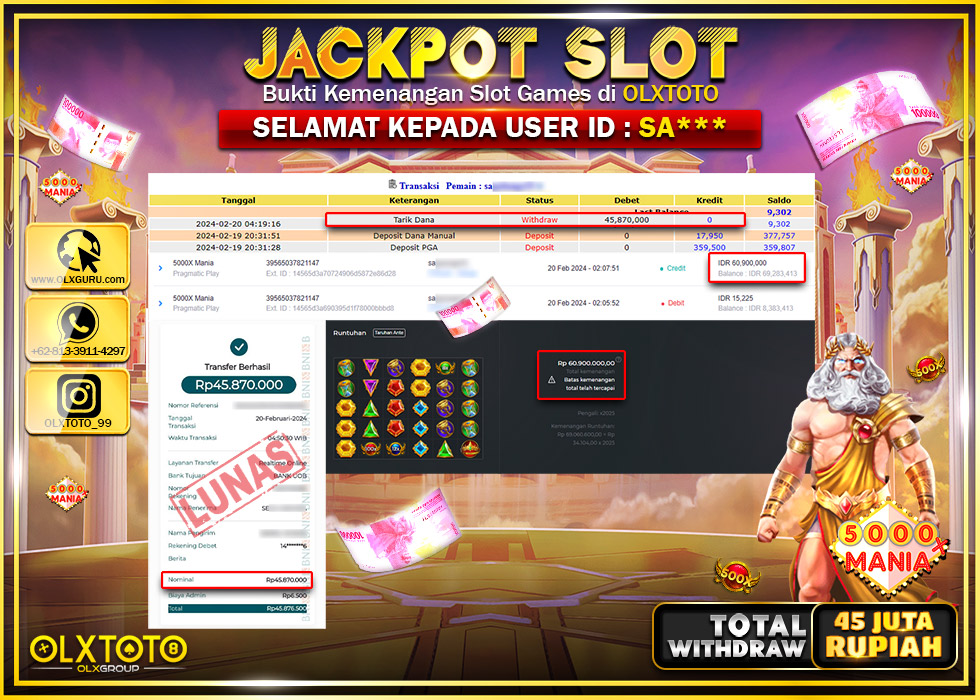 OLXTOTO JACKPOT SLOT 5000X MANIA Rp.45.870.000.,- LUNAS