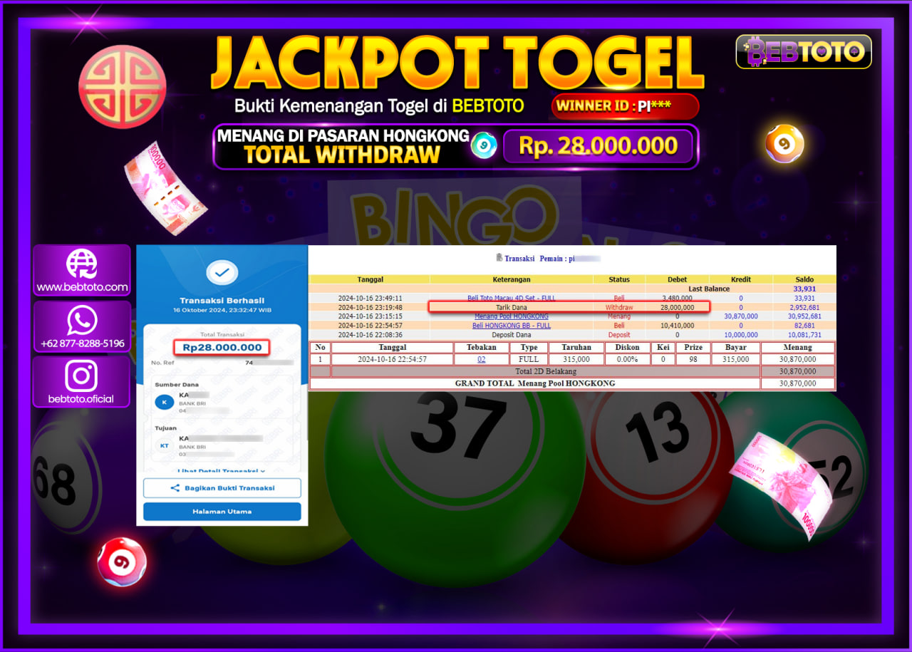 JACKPOT TOGEL BEBTOTO HONGKONG LOTTO Rp.28.000.000.,- LUNAS