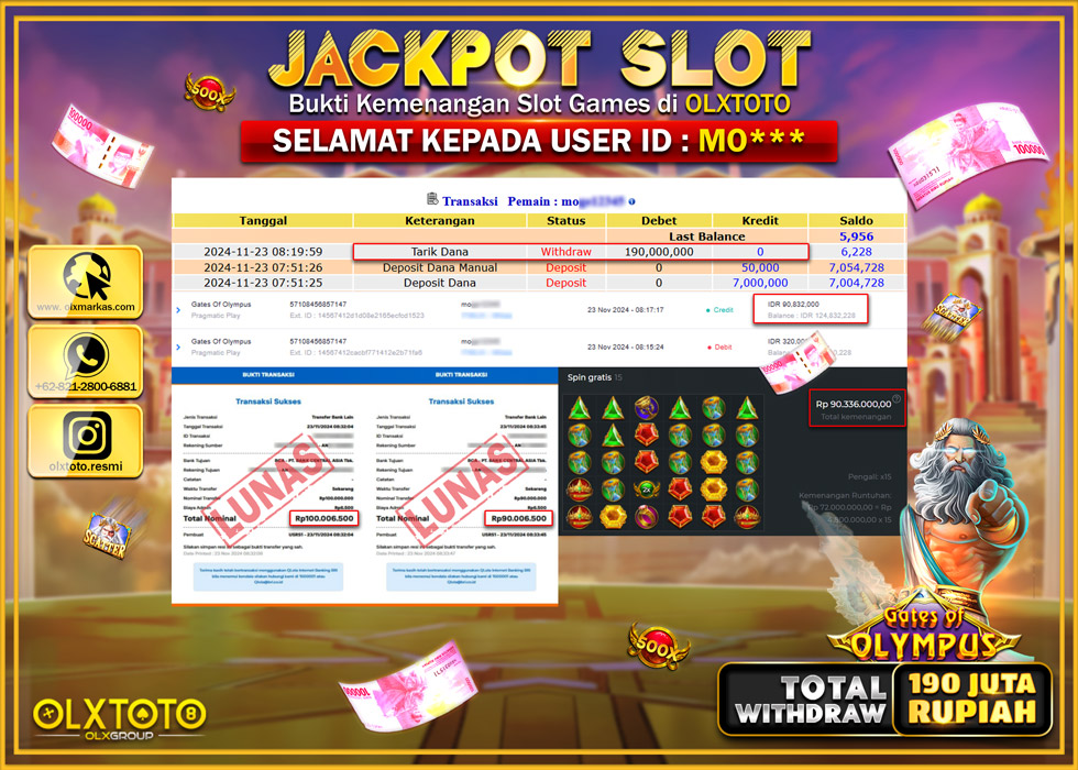 OLXTOTO JACKPOT  SLOT GATES OF OLYMPUS Rp.190.000.000.,- LUNAS