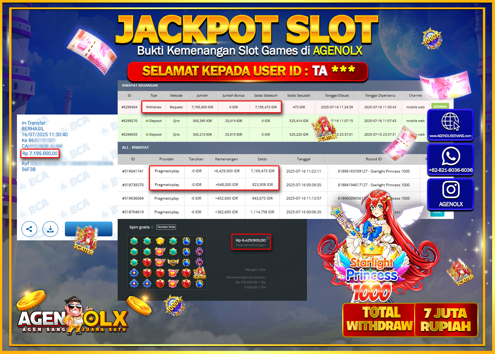 AGENOLX JACKPOT  SLOT STARLIGHT PRINCESS 1000  Rp 7.195.000,- LUNAS