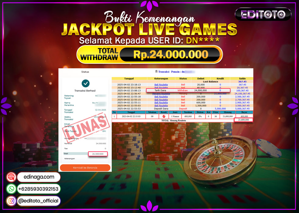 JACKPOT LIVE GAMES ROULLETE Rp.24.000.000.,- LUNAS