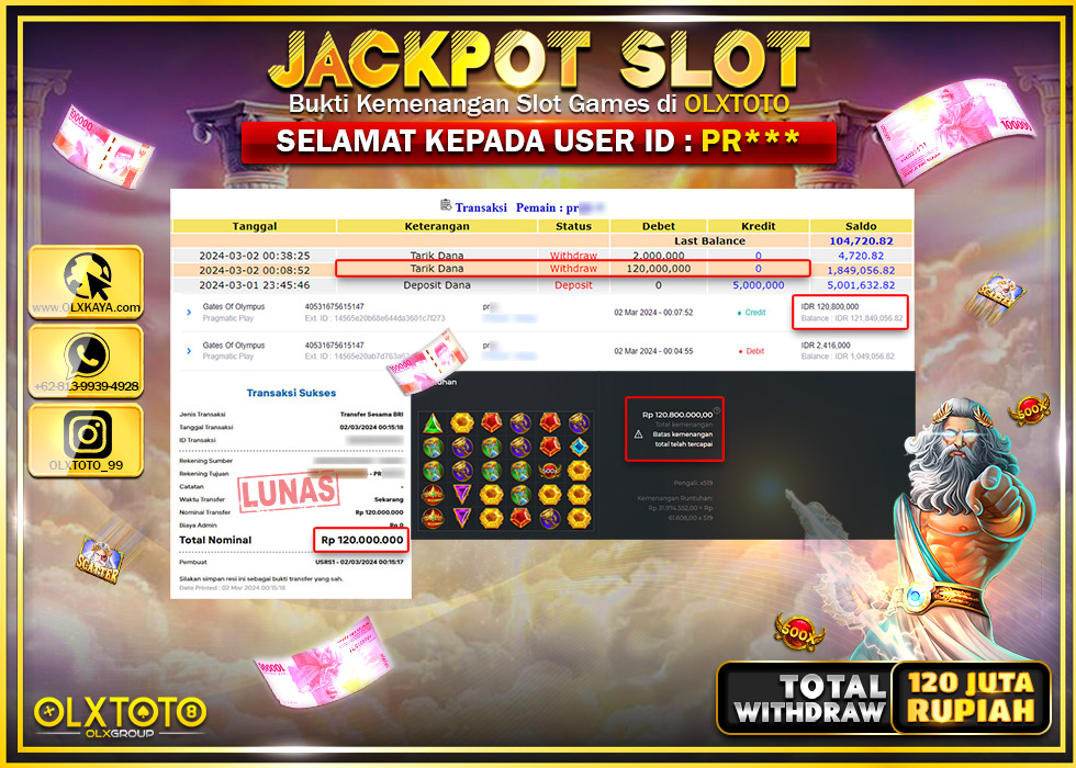 OLXTOTO JACKPOT SLOT GATES OF OLYMPUS Rp.120.000.000.,- LUNAS
