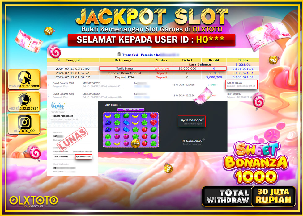 OLXTOTO JACKPOT  SLOT SWEET BONANZA 1000 Rp.30.000.000.,- LUNAS