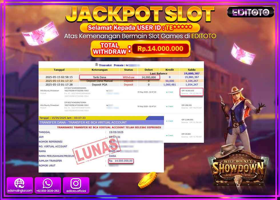 JACKPOT EDITOTO SLOT WILD BOUNTY SHOWDOWN Rp.14.000.000,- LUNAS