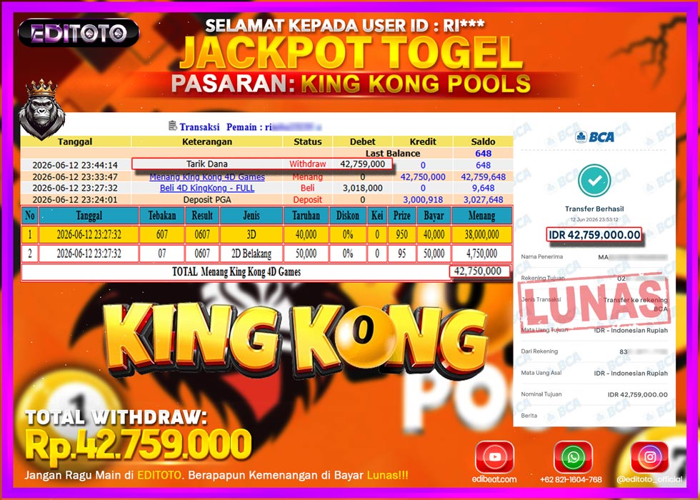 JACKPOT EDITOTO TOGEL PASARAN KING KONG POOLS Rp.42.759.000.,- LUNAS