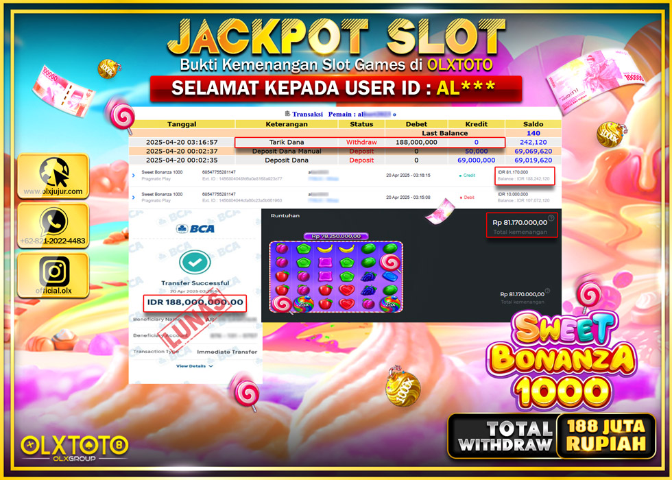 BINTANGSLOT77 JACKPOT SLOT SWEET BONANZA 1000  Rp.188.000.000.,- LUNAS