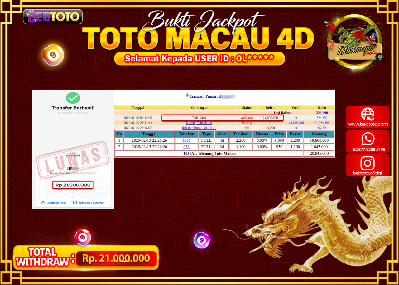 JACKPOT TOGEL BEBTOTO TOTO MACAU  Rp.21.000.000.,- LUNAS