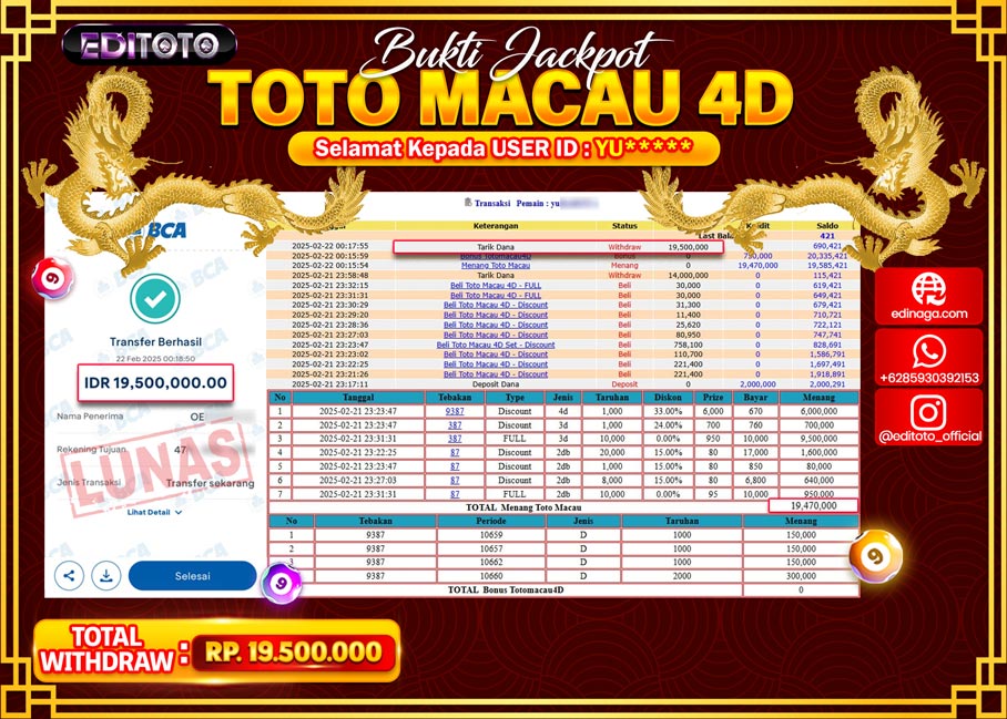 JACKPOT TOGEL PASARAN TOTOMACAU 4D Rp.19.500.000.,- LUNAS