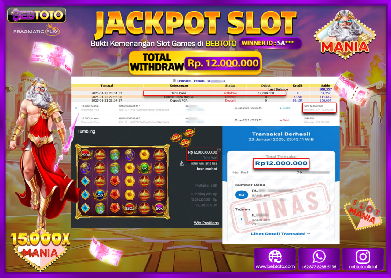 JACKPOT SLOT BEBTOTO 15.000x Mania  Rp.12.000.000 - LUNAS