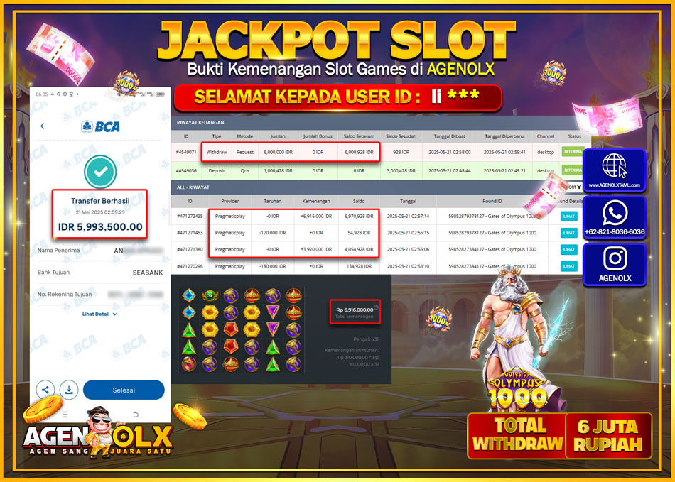 AGENOLX JACKPOT GATES OF OLYMPUS 1000 Rp 6.000.000,- LUNAS