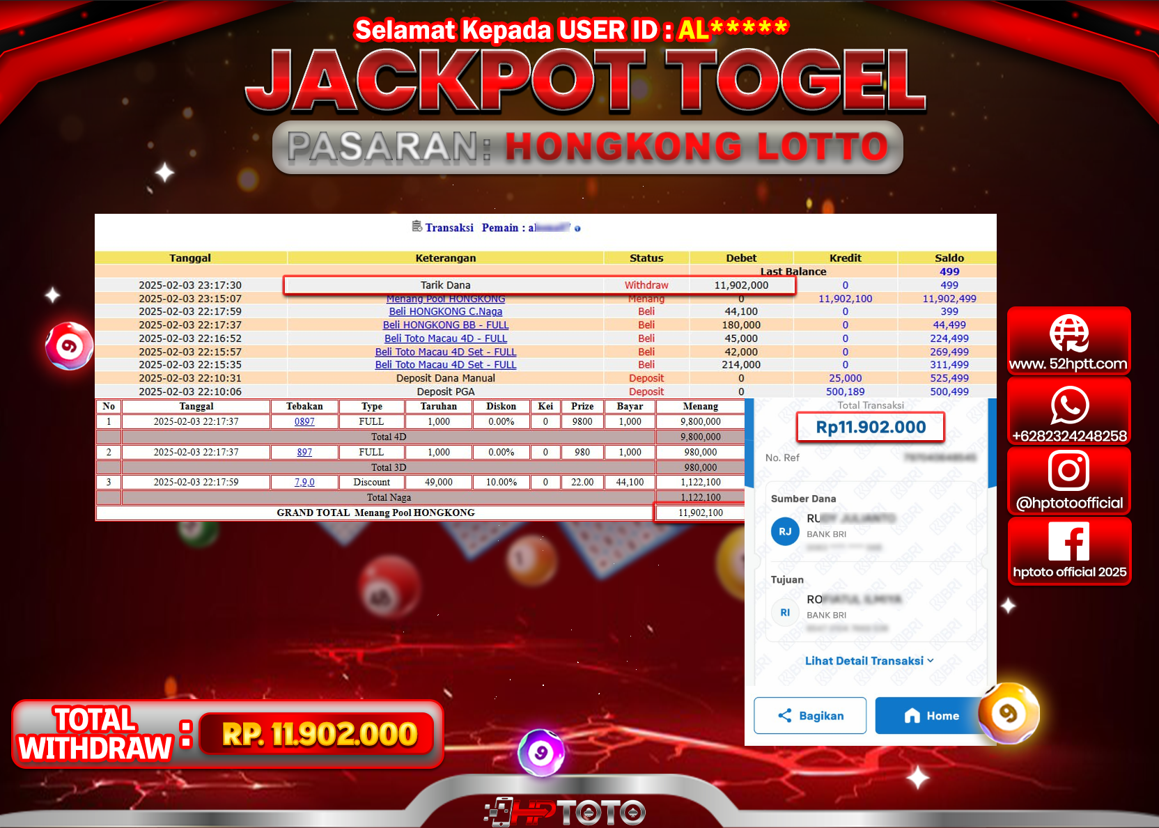 JACKPOT TOGEL PASARAN HONGKONG LOTTO Rp.11.902.000.,- LUNAS