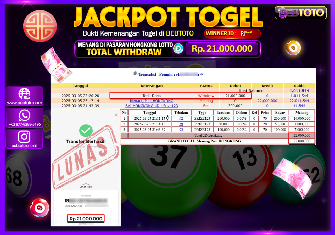 JACKPOT TOGEL BEBTOTO HONGKONG  Rp.21.000.000.,- LUNAS
