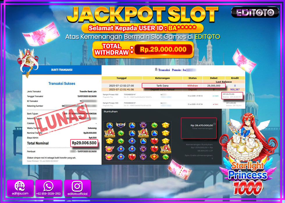 JACKPOT EDITOTO SLOT STARLIGHT PRINCESS 1000 Rp.29.000.000,- LUNAS 