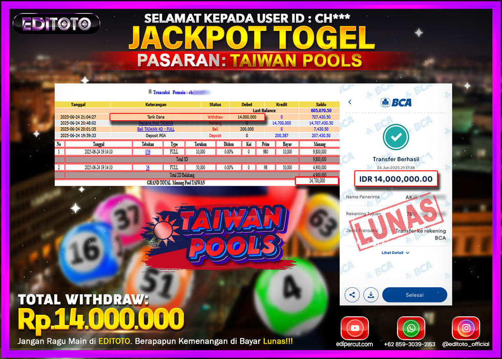 JACKPOT EDITOTO TOGEL PASARAN TAIWAN POOLS Rp.14.000.000.,- LUNAS