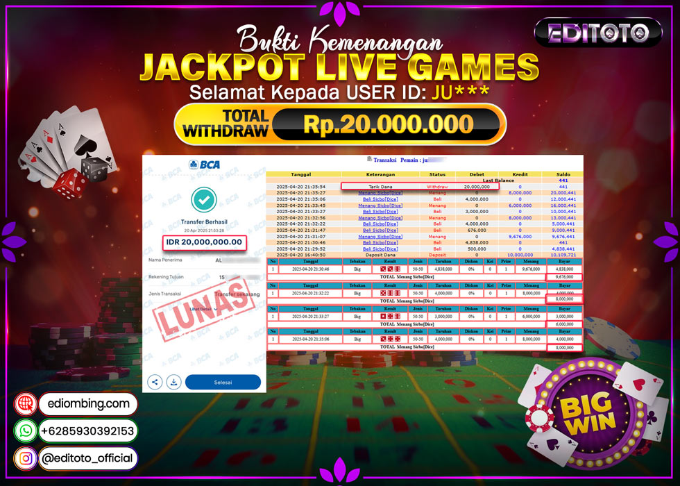 JACKPOT EDITOTO LIVE GAME SICBO Rp.20.000.000.,- LUNAS