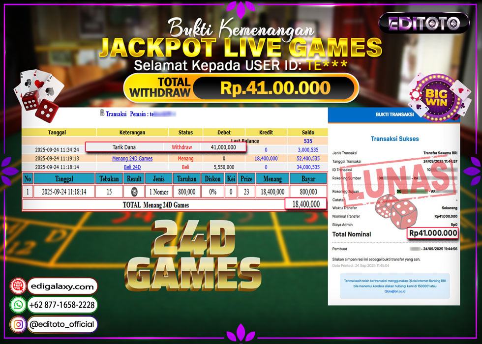 JACKPOT EDITOTO LIVE GAMES 24D GAMES Rp. 41.000.000.,- LUNAS