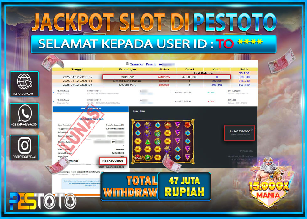 HANYA DI PESTOTO JP PASTI DI BAYAR LUNAS DAN CEPAT!!!!!! JP SLOT { OLYMPUS 15.000x MANIA  } Rp. 47.000.000!!!!!