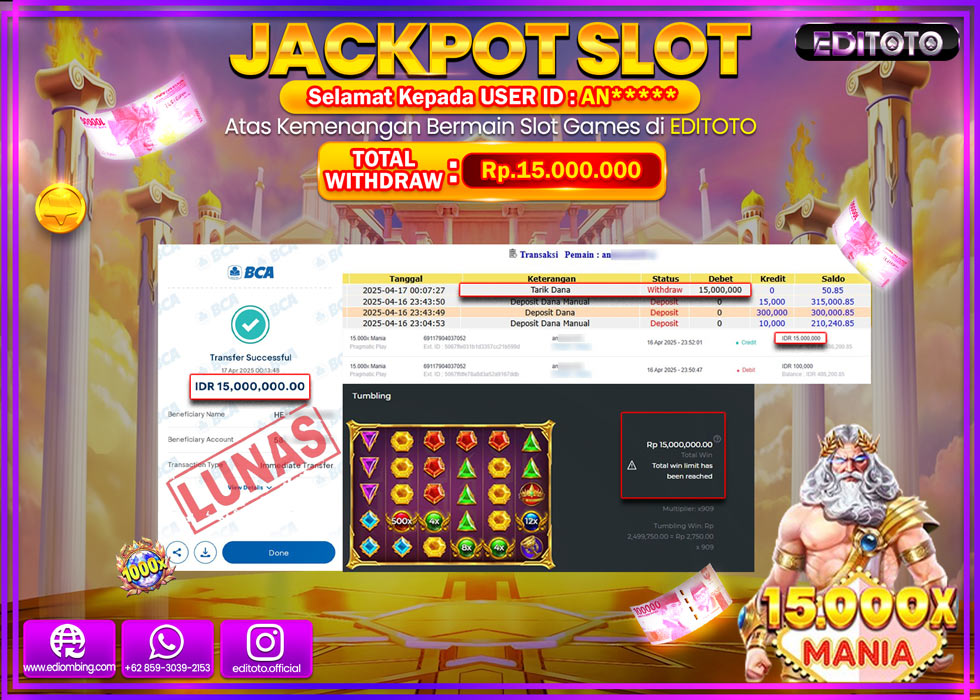 JACKPOT SLOT 15000X MANIA Rp.15.000.000,- LUNAS