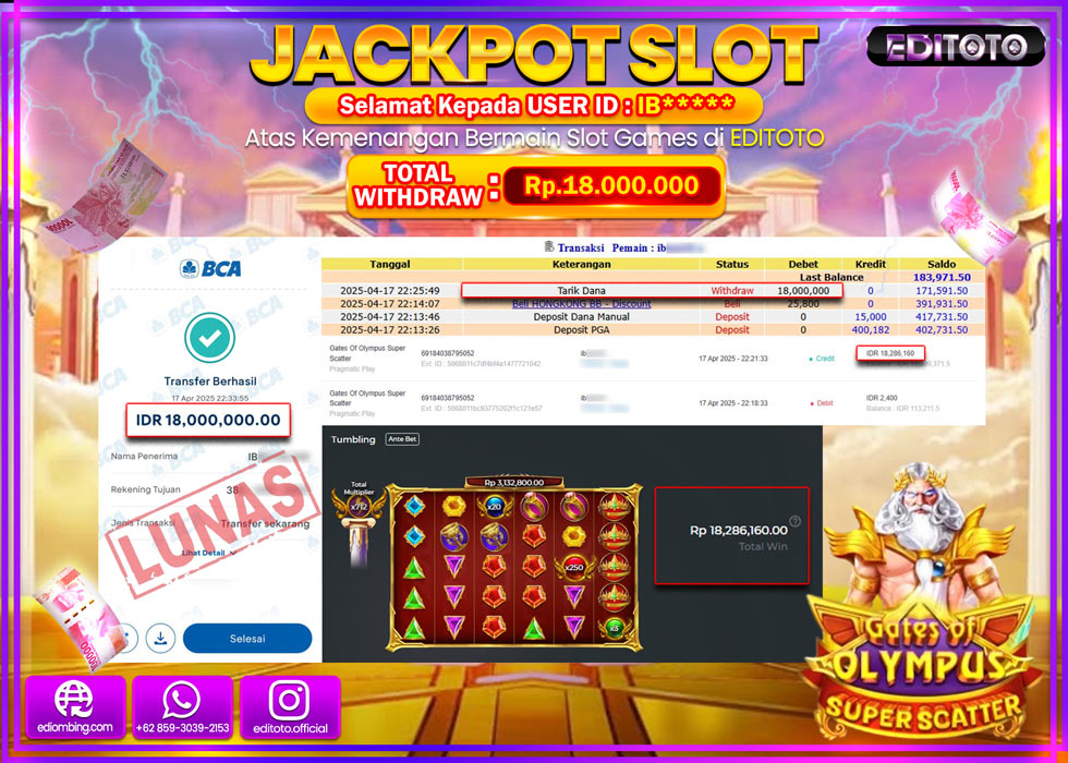 JACKPOT SLOT GATES OF OLYMPUS SUPER SCATTER Rp.18.000.000,- LUNAS