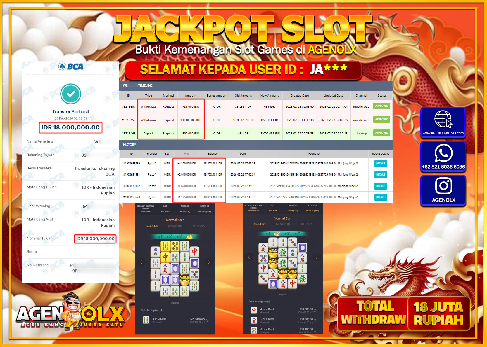AGENOLX JACKPOT SLOT MAHJONG WAYS 2  Rp 18.000.000 - LUNAS  