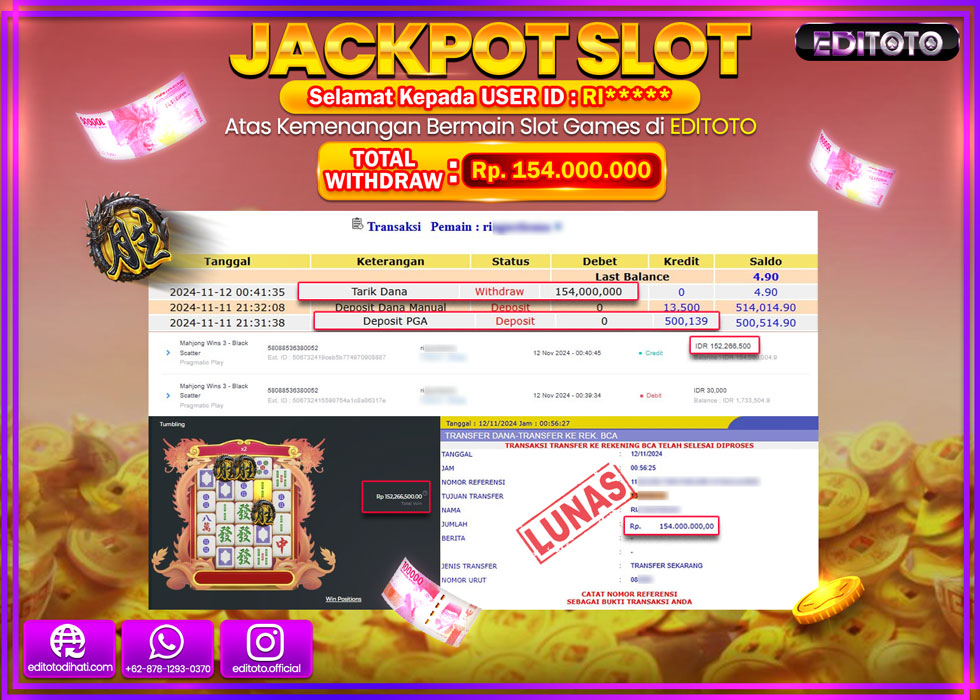 JACKPOT SLOT MAHJONG WINS 3 - BLACK SCATTER Rp.154.000.000.,- LUNAS