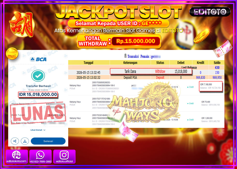 JACKPOT EDITOTO SLOT MAHJONG WAYS  Rp.15.000.000,- LUNAS