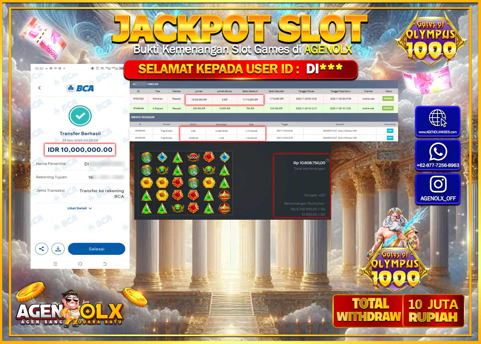 AGENOLX JACKPOT SLOT GATES OF OLUMPUS 1000 Rp 10,000,000,- LUNAS