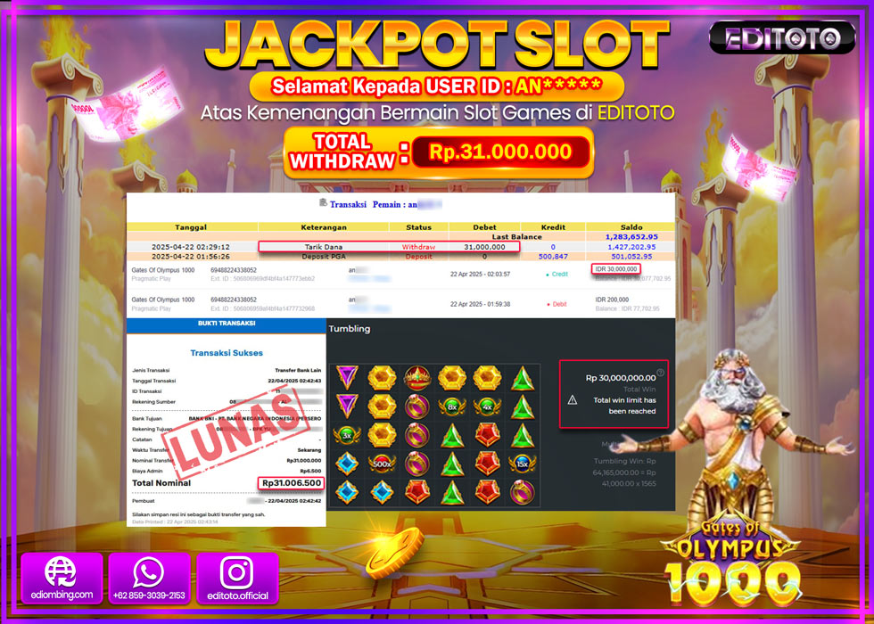 JACKPOT SLOT GATES OF OLYMPUS 1000 Rp.31.000.000,- LUNAS