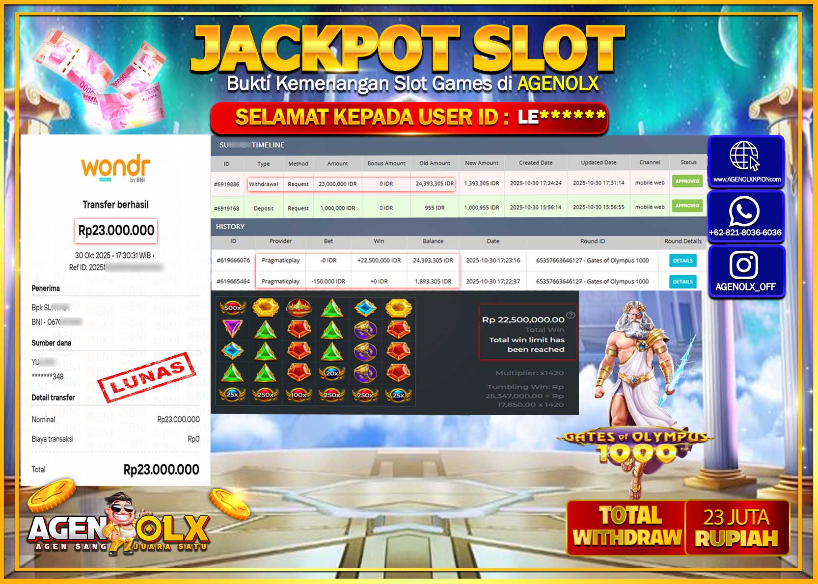 AGENOLX JACKPOT SLOT GATES OF OLYMPUS 1000  Rp 23,000,000,- LUNAS