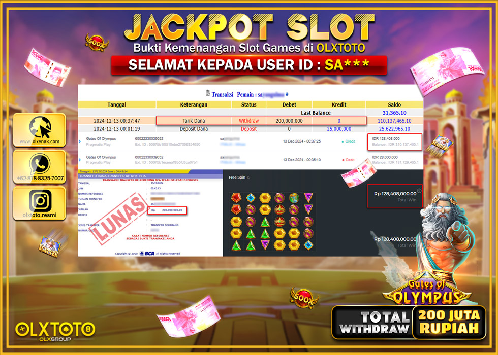 OLXTOTO JACKPOT  SLOT GATES OF OLYMPUS  Rp.200.000.000.,- LUNAS