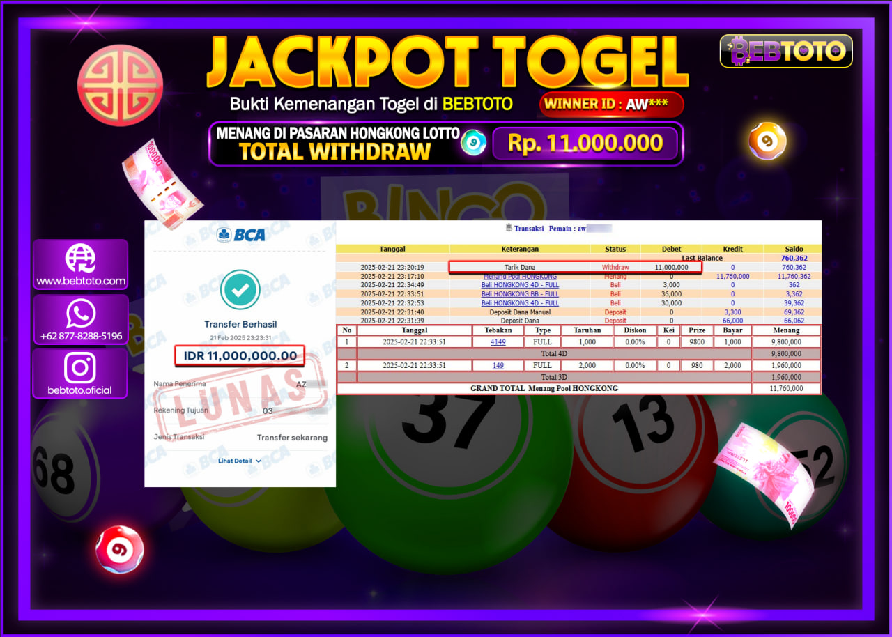 JACKPOT TOGEL BEBTOTO HONGKONG LOTTO  Rp.11.000.000.,- LUNAS