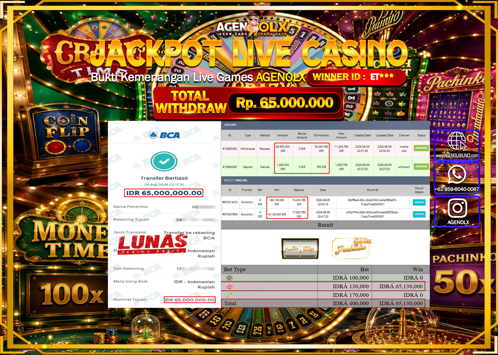 AGENOLX JACKPOT LIVE CASSINO CRAZY TIME  000001 Rp  65.000.000 -LUNAS
