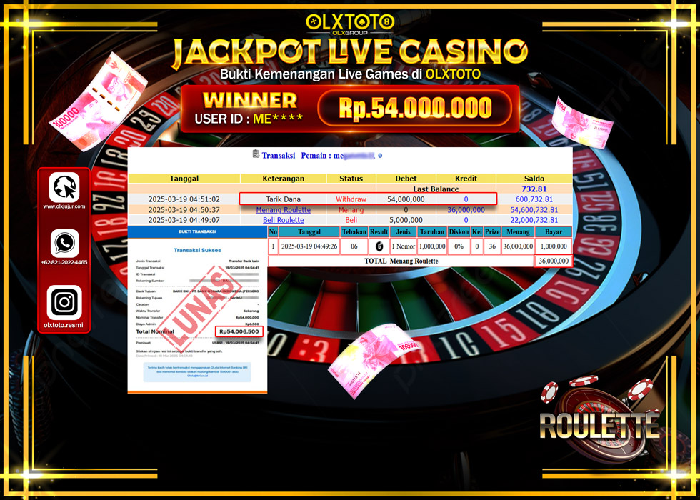 OLXTOTO JACKPOT  LIVE GAMES ROULLETTE Rp.54.000.000.,- LUNAS