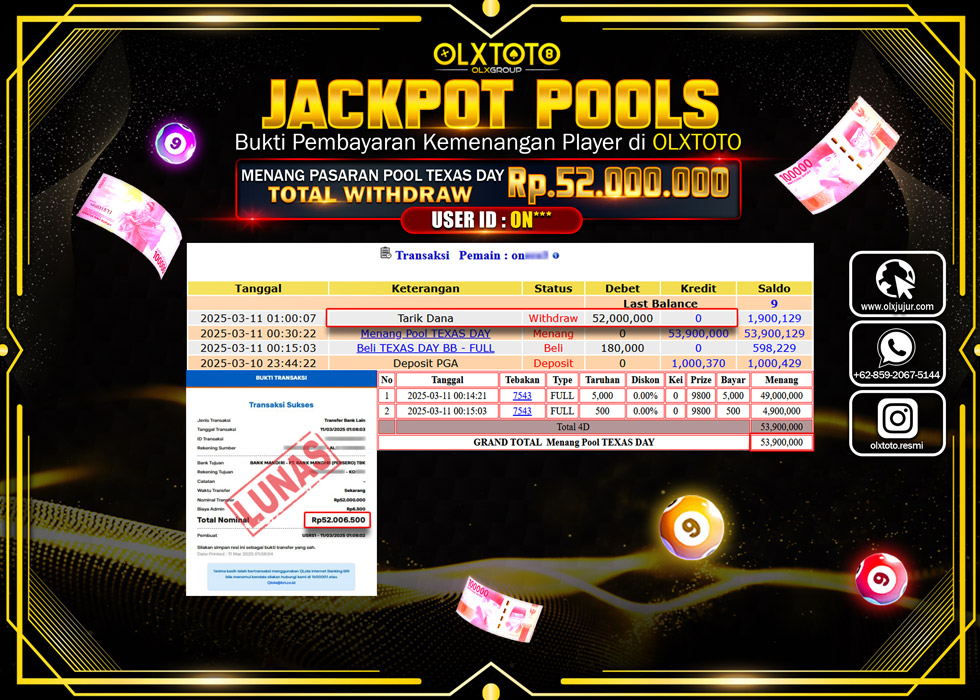 OLXTOTO JACKPOT TOGEL PASARAN POOL TEXAS DAY Rp.52.000.000.,- LUNAS