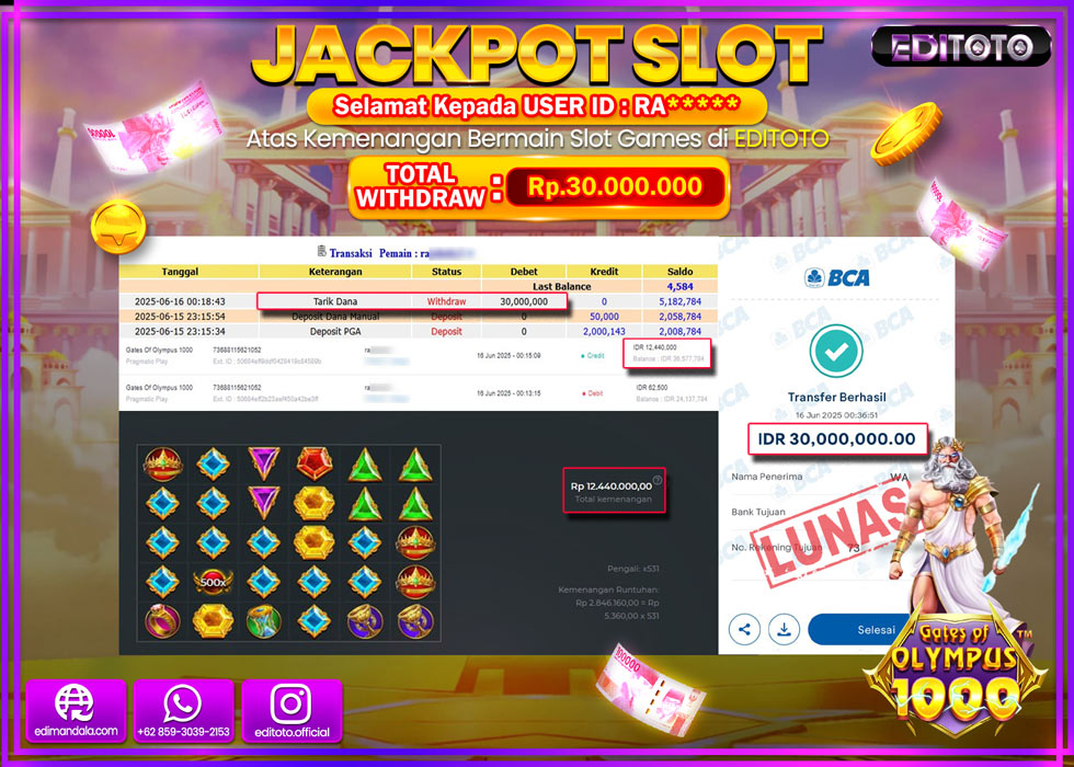 JACKPOT EDITOTO SLOT GATES OF OLYMPUS 1000 Rp.30.000.000,- LUNAS