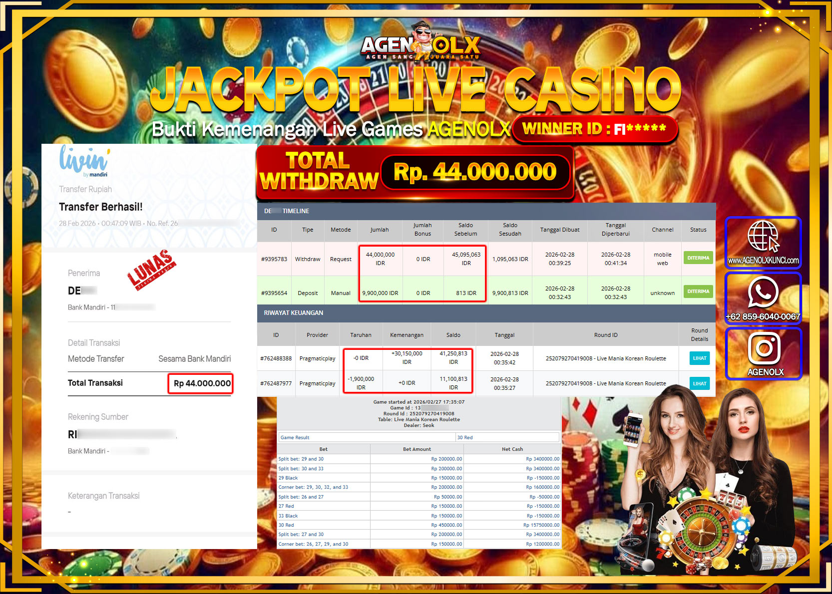 AGENOLX JACKPOT LIVE MANIA KOREAN ROULETTE Rp 44.000.000 - LUNAS