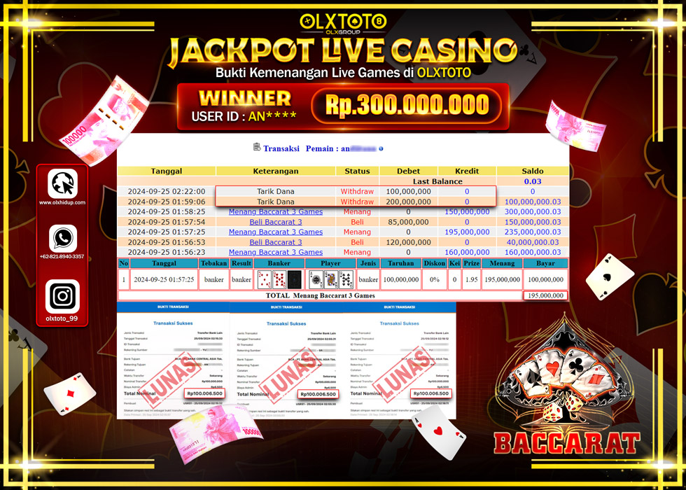 OLXTOTO JACKPOT  LIVE GAMES BACCARAT 3 Rp.300.000.000.,- LUNAS
